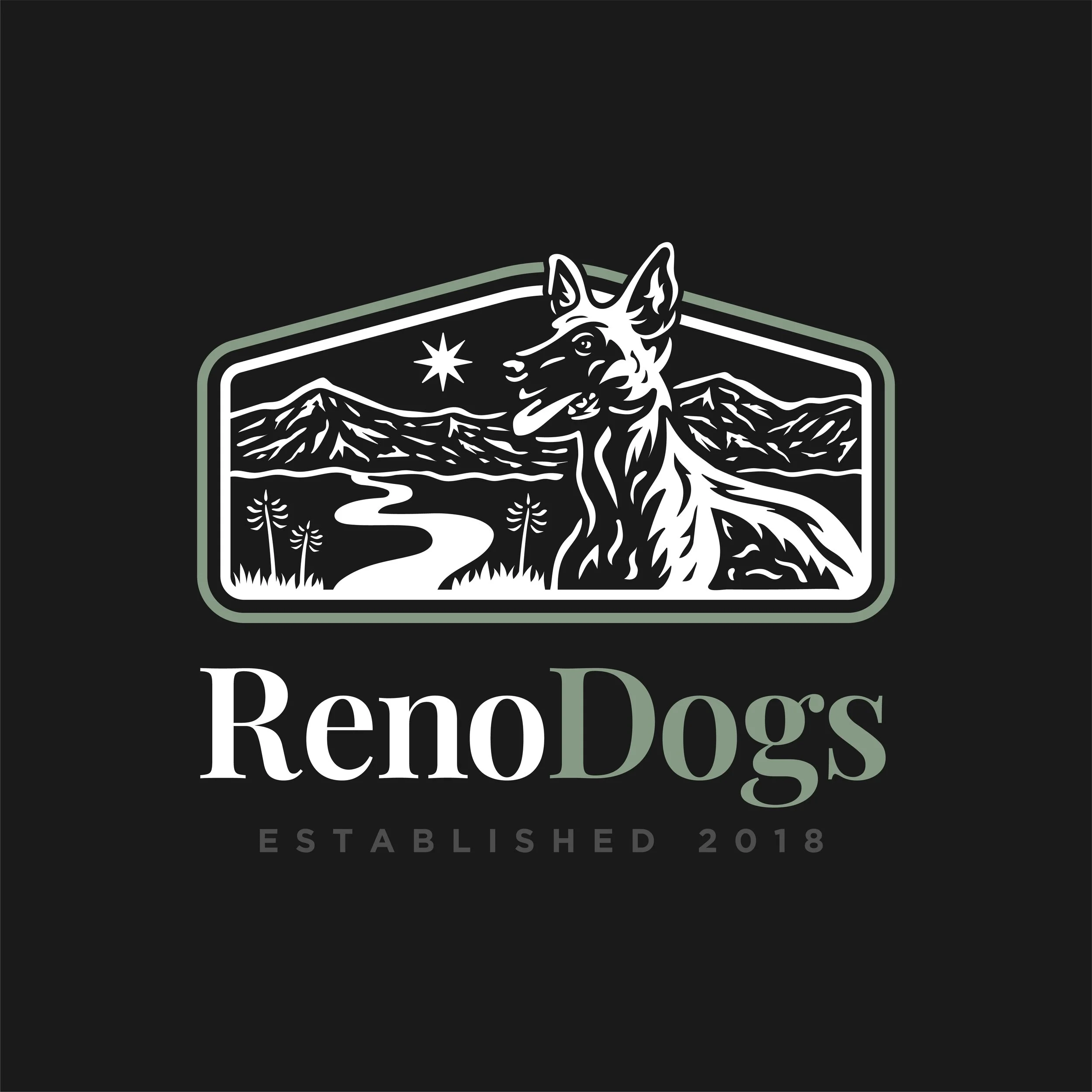 Logo for Reno Dogs an outdoor wilderness scene with a mountain, a river, and a dog with a mountain range and a star in the sky.