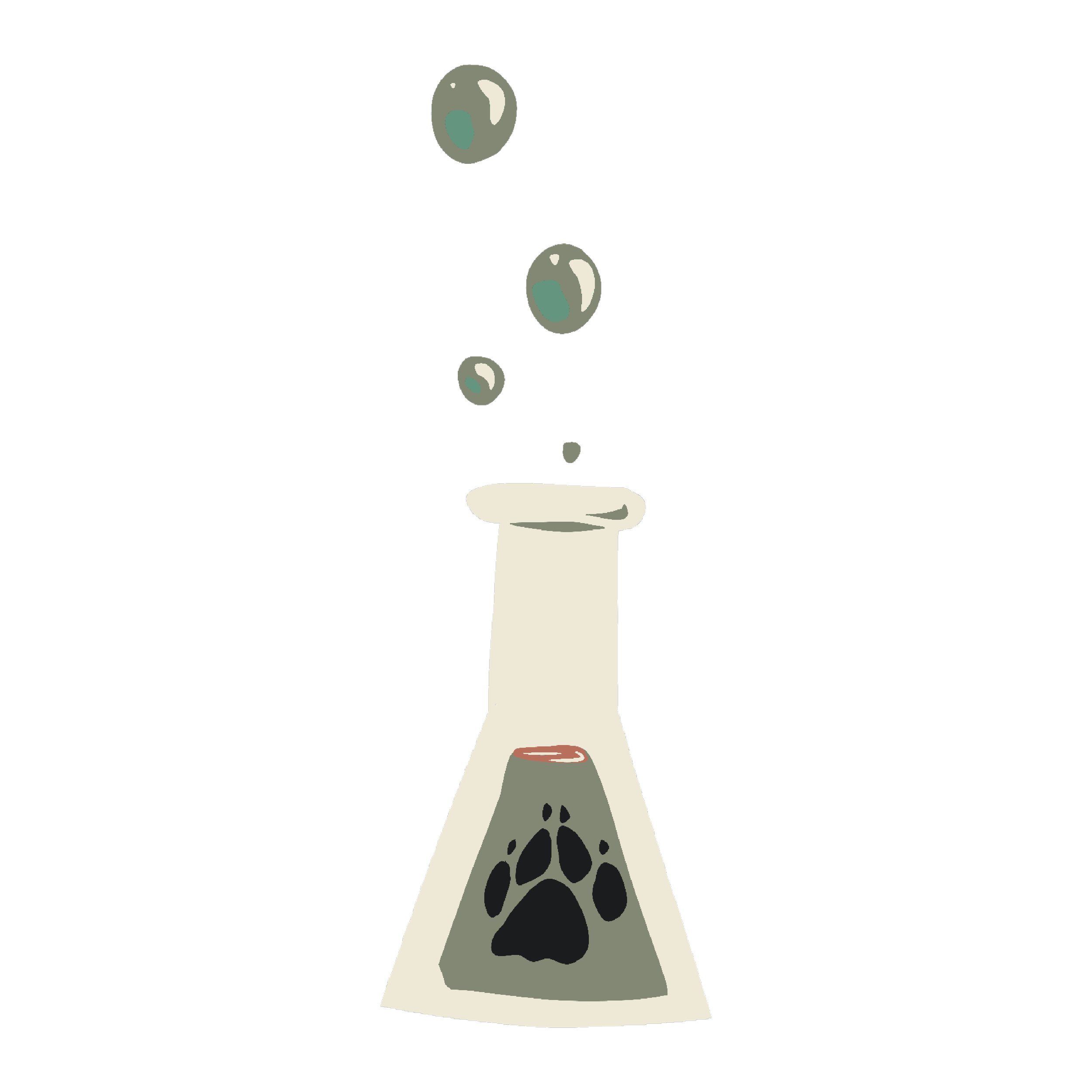 Illustration of a paw print on a piece of paper with water droplets above it.