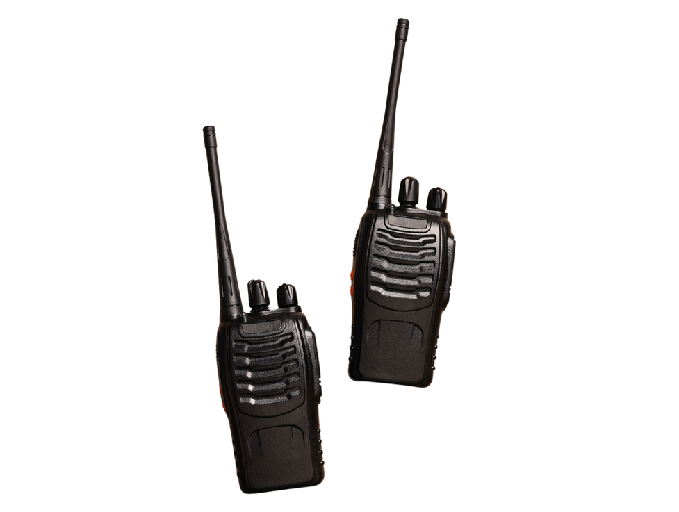 Two black walkie-talkies with antennas on a transparent background.