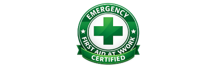 Emergency First Aid Certified badge with green and white color scheme