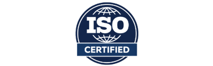 ISO certified badge or logo in blue and black.