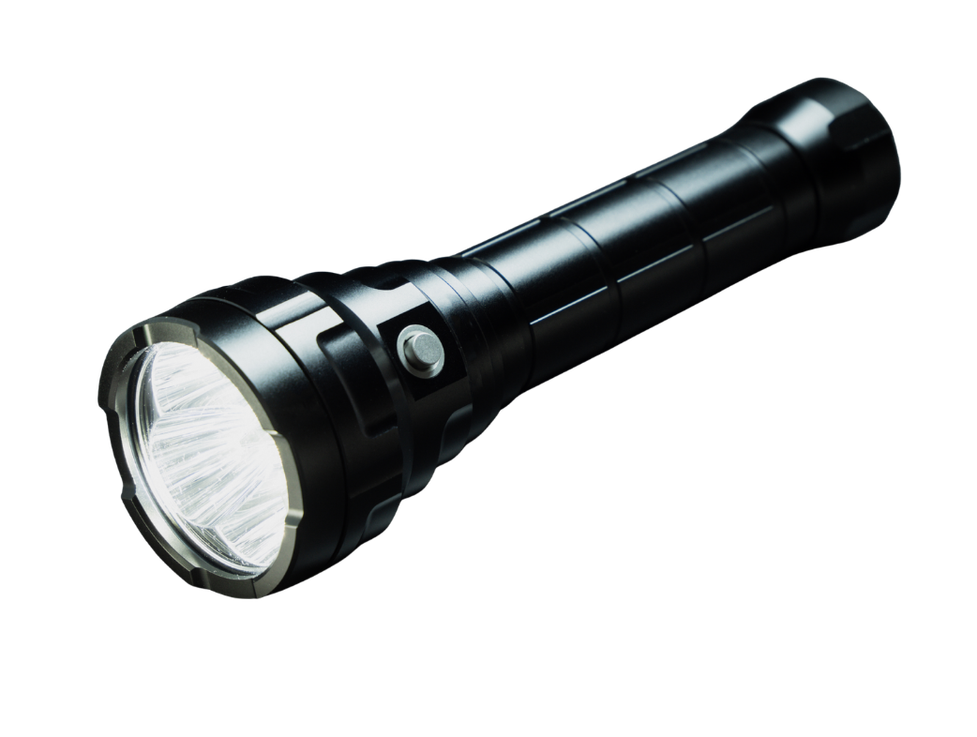 Black tactical flashlight with a silver bezel and multiple LED lights inside