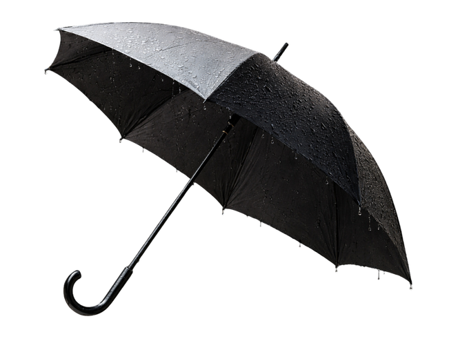 Large umbrella, wet from raindrops.