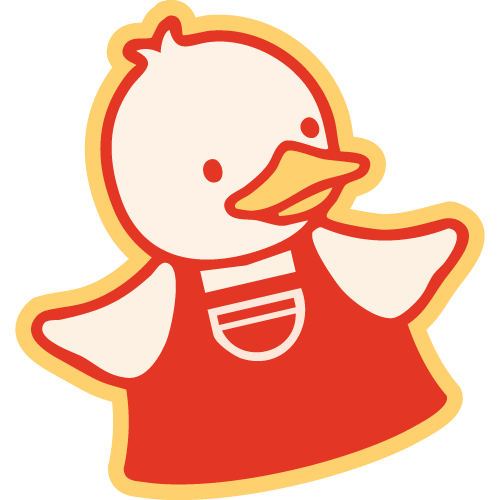 Kai Kai BBQ duck character with a white body, orange beak, and wearing a red dress with white stripes.