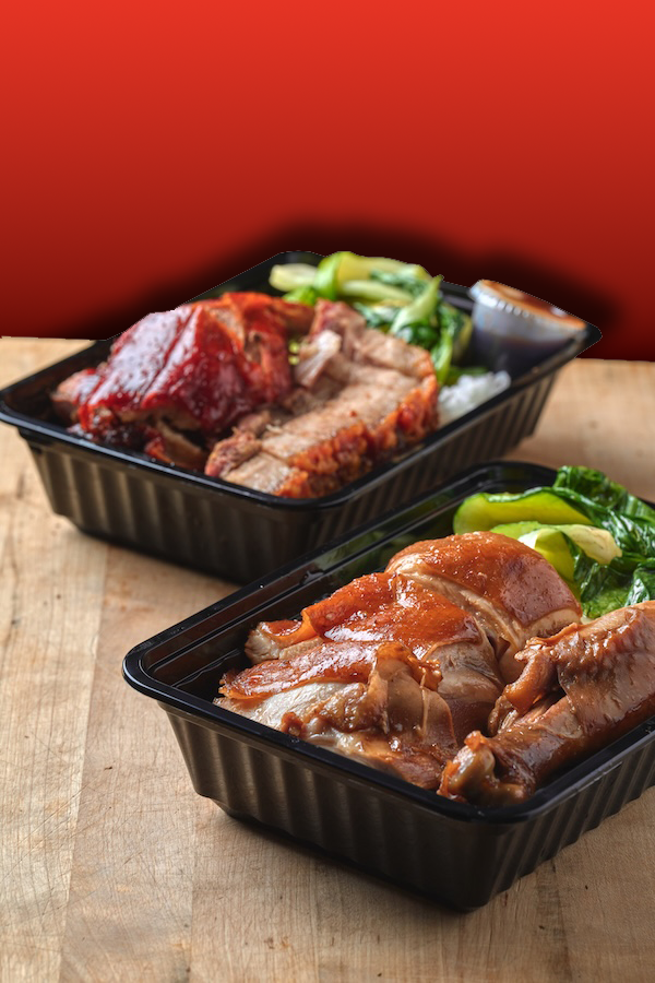 Two containers of Kai Kai BBQ pork and bok choi on red background.