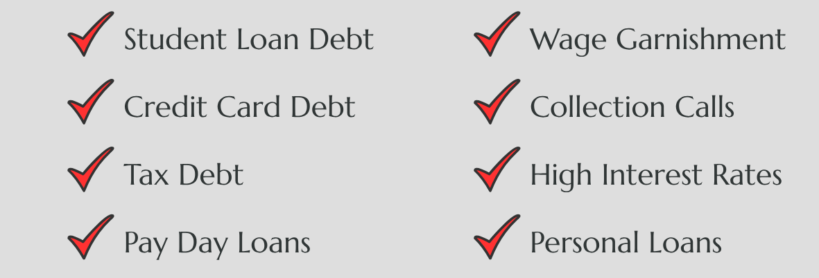 Checklist of debt types handled by 911 Debt Solution Canada, including student loan debt, credit card debt, tax debt, payday loans, wage garnishment, collection calls, high interest rates, and personal loans.