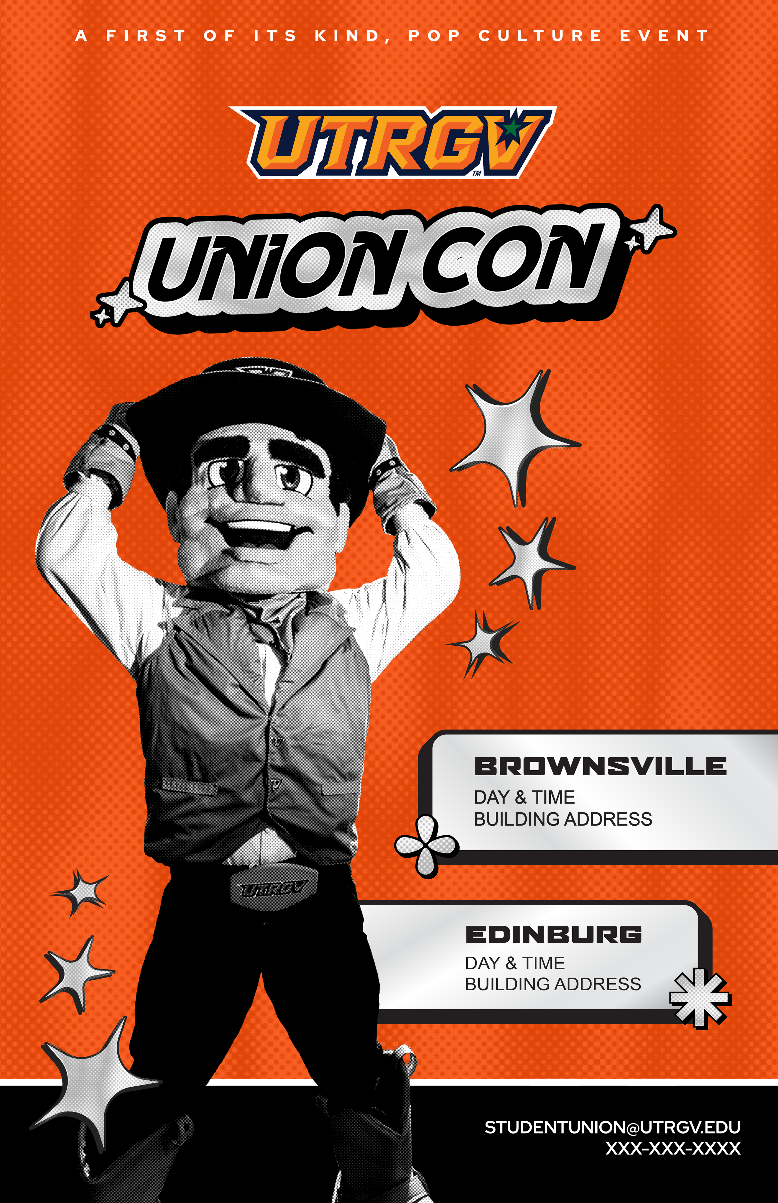 UTRGV Marketing & Communications - UnionCon Branding

Union Con is a branding project for a Student Union event inspired by the energetic atmosphere of comic and fan conventions. The event brings together students who enjoy video games, books, art, m