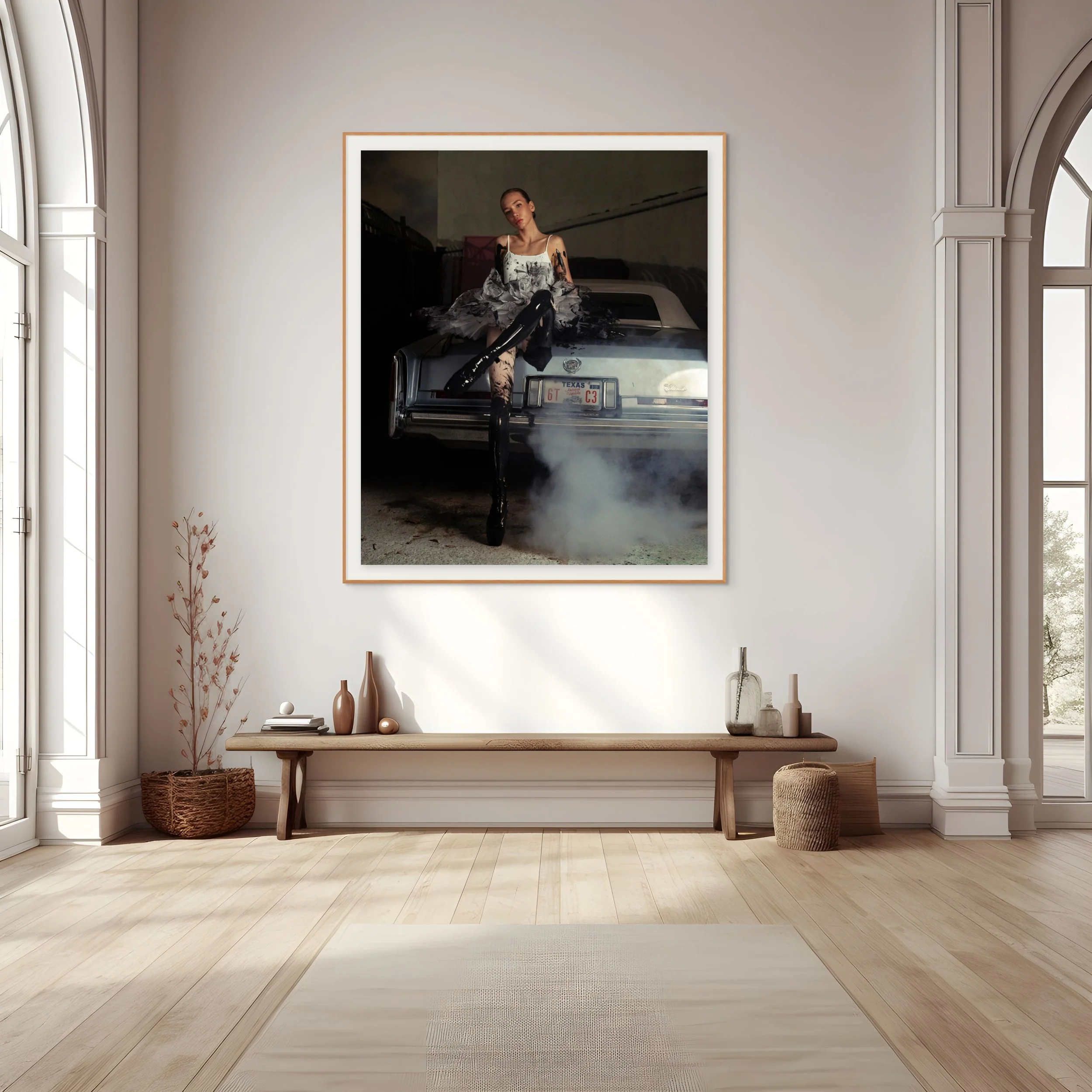 Fine art photograph by Romain Lefebvre displayed in a modern interior above a fireplace.