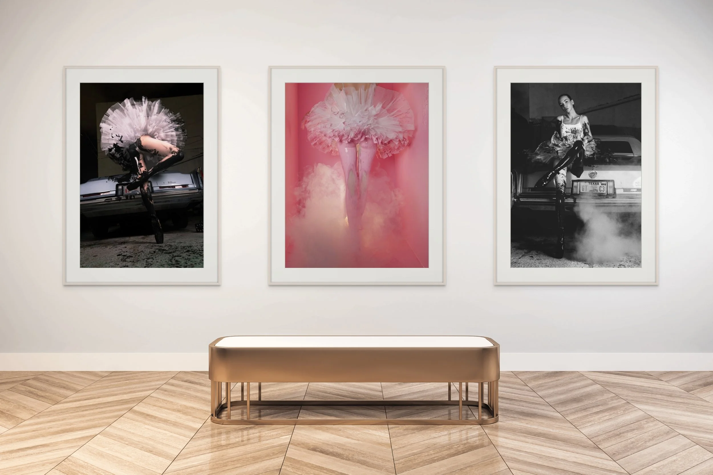Fine art triptych by Roman Lefebvre displayed on a gallery wall with a bench in front.