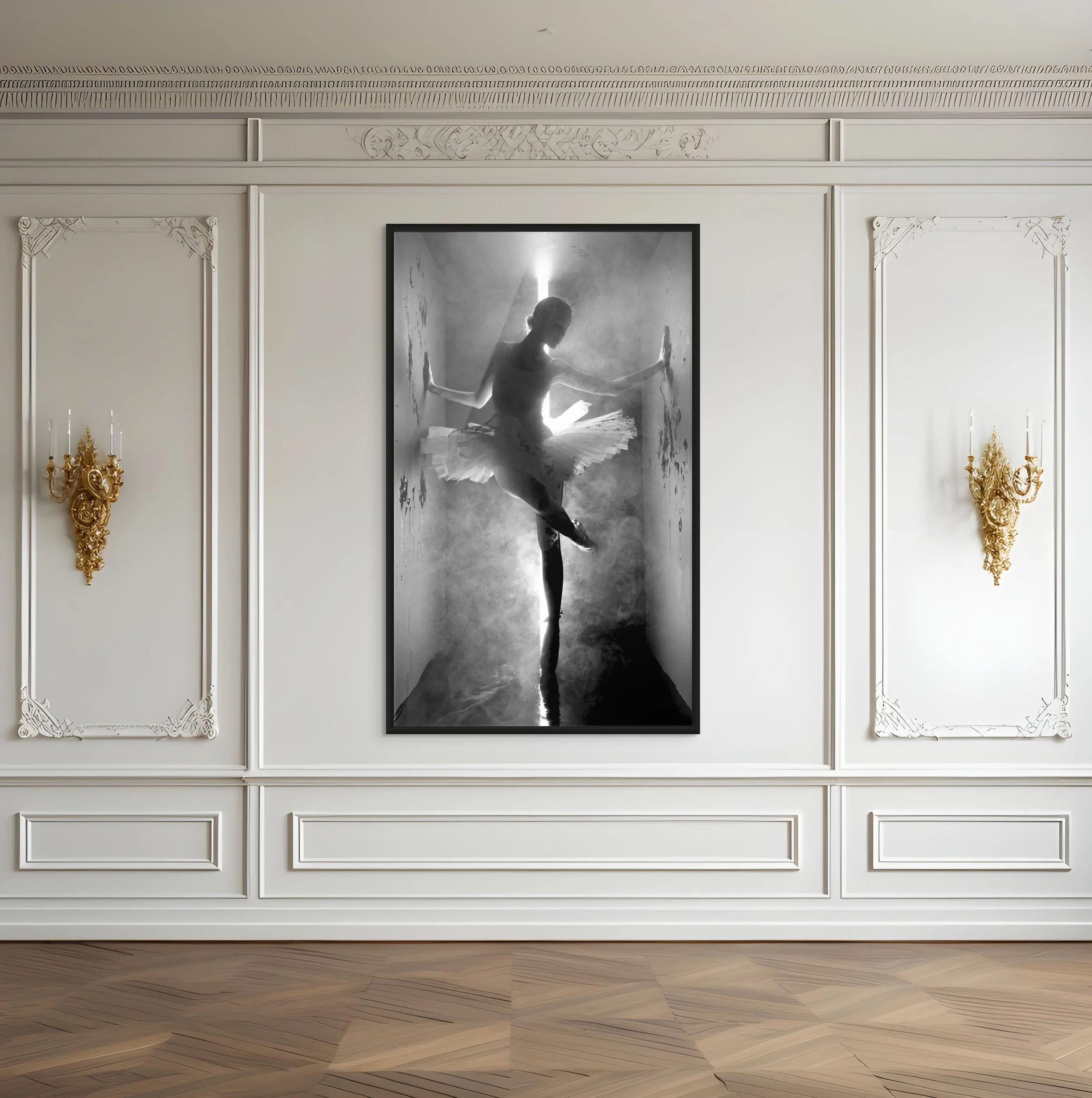 Fine art ballerina photograph by Romain Lefebvre displayed in an elegant classic interior.