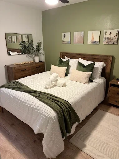 Airbnb bedroom turnover with hospitality presentation