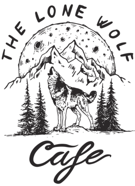 A black and white graphic featuring a howling wolf howling at the night sky with mountains and trees, and the text "The Lone Wolf Café" above and below the graphic.