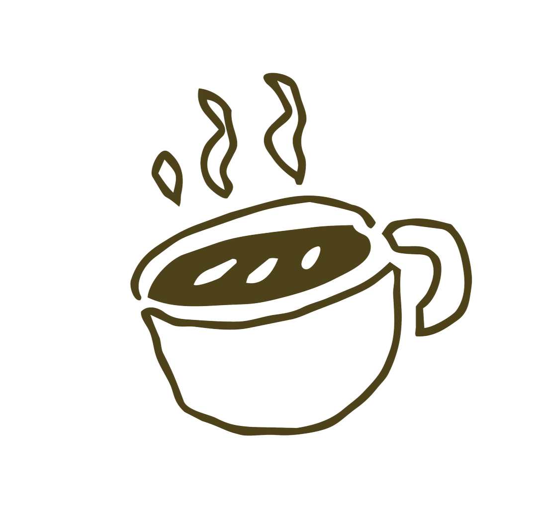 Line drawing of a steaming cup of coffee or tea with steam rising from it.