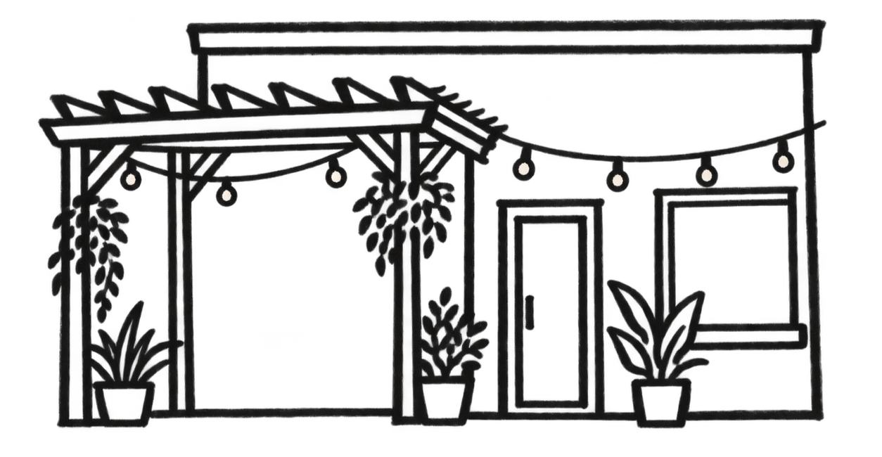 Outline drawing of a The Lone Wolf Cafe at night decorated with string lights, potted plants, and a window.