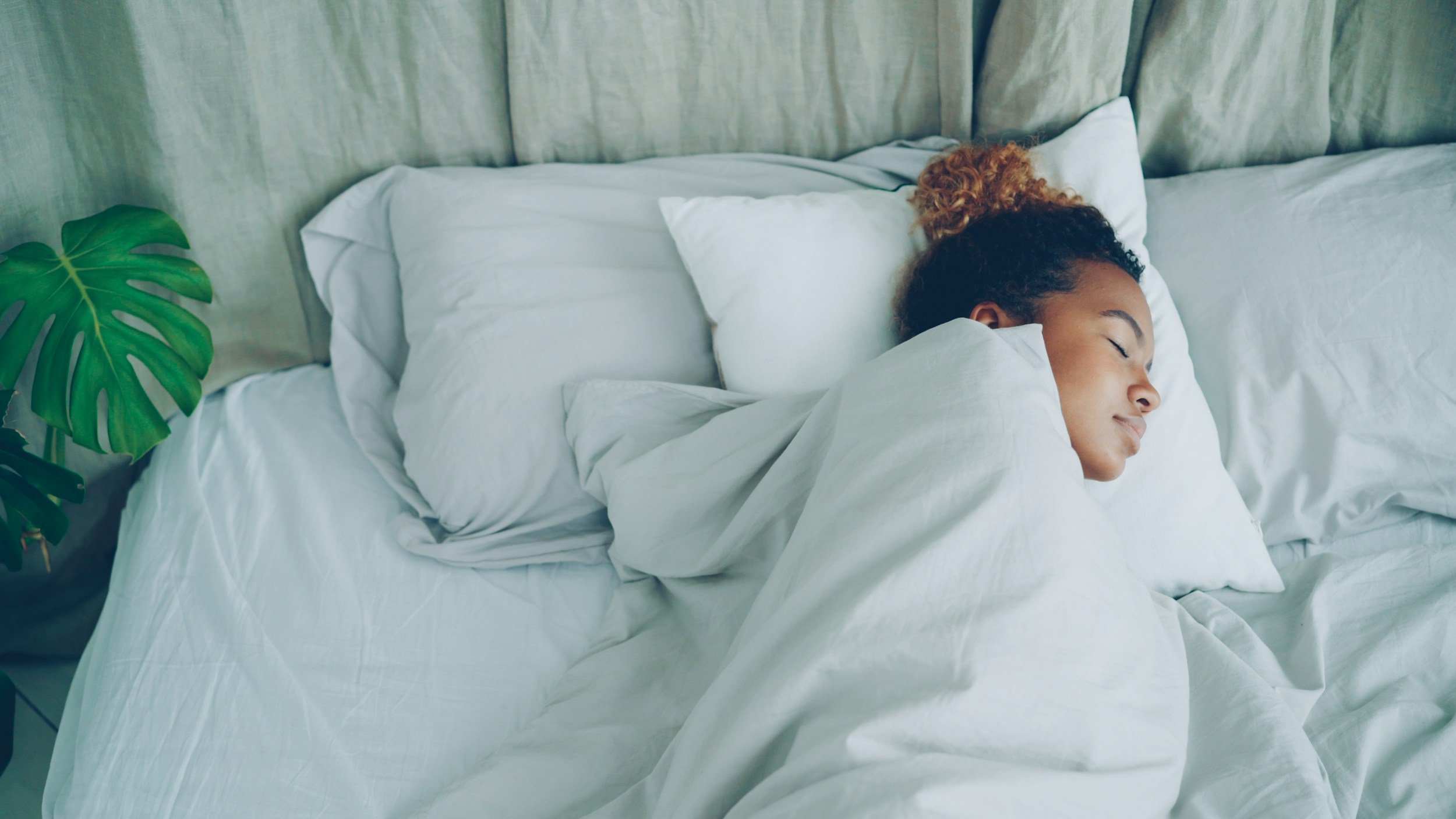 A woman with curly hair sleeping peacefully in a bed with white sheets and pillows, next to a large green leafy plant.