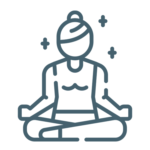 Line drawing of a person practicing yoga in a seated meditation pose with legs crossed and hands resting on knees, surrounded by small stars or sparkles.