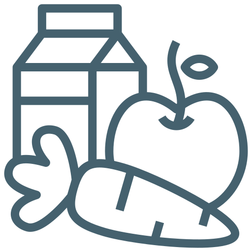 A line drawing of a milk carton, an apple, a bunch of carrots, and a carrot.