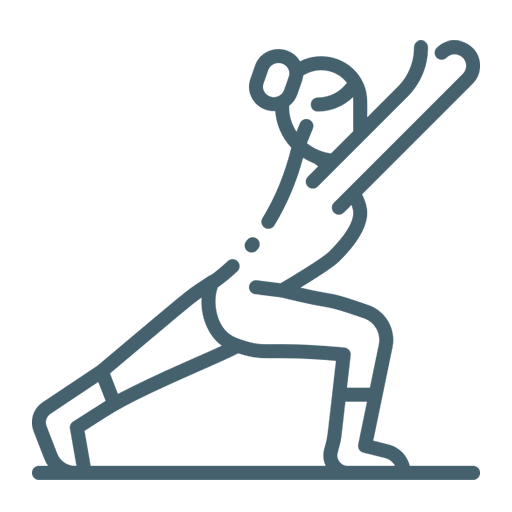 Line drawing of a woman practicing yoga in warrior pose with arms extended.