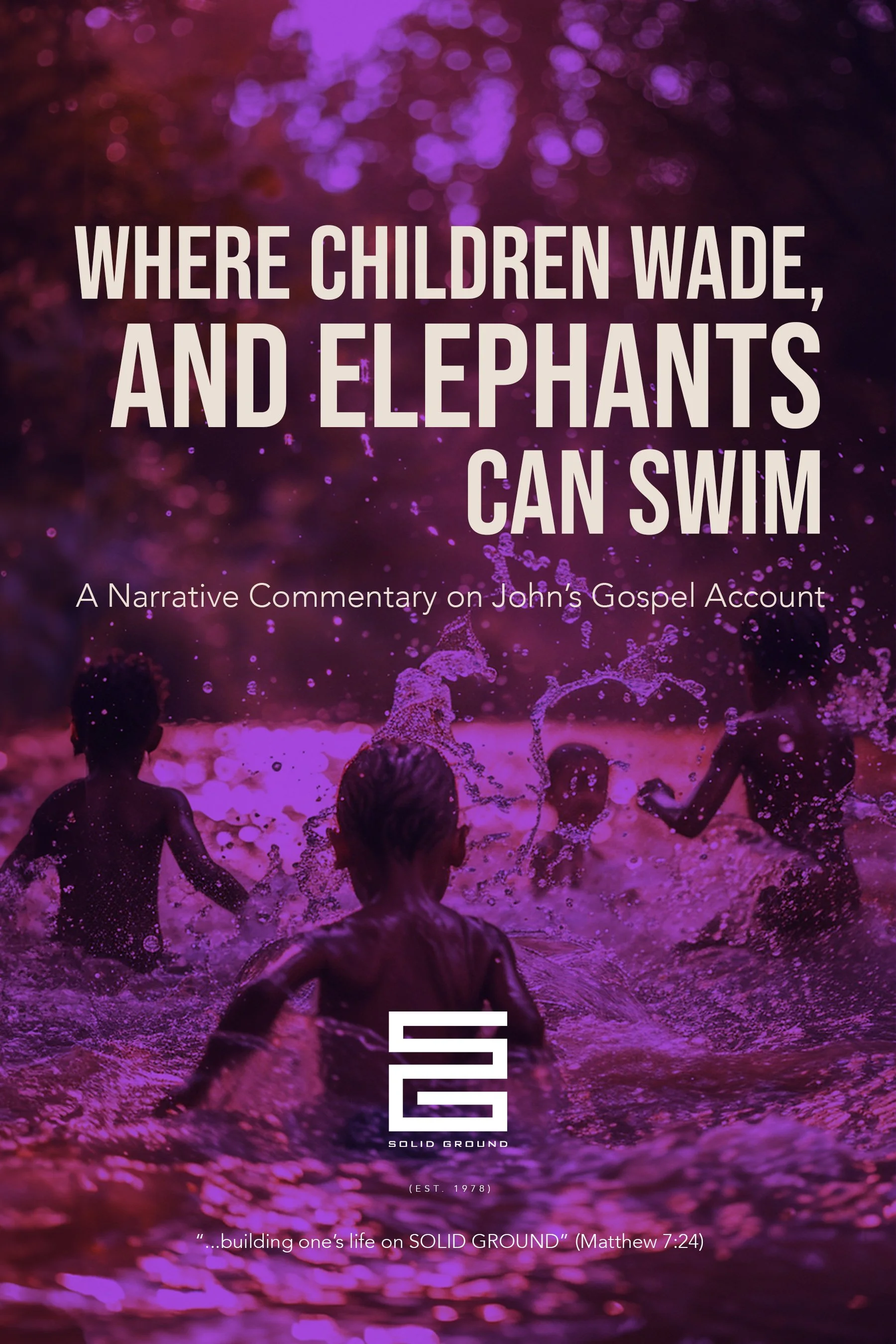 Children playing in the water at the beach during sunset, with pink and purple lighting effects.