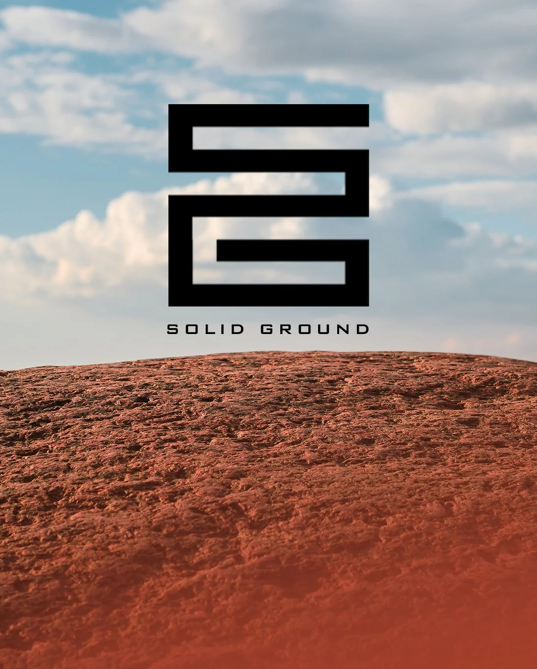 Close-up of a textured, reddish-brown rock surface with a backdrop of a cloudy sky and distant clouds on the horizon, with a logo in the center displaying the words 'Solid Ground'.