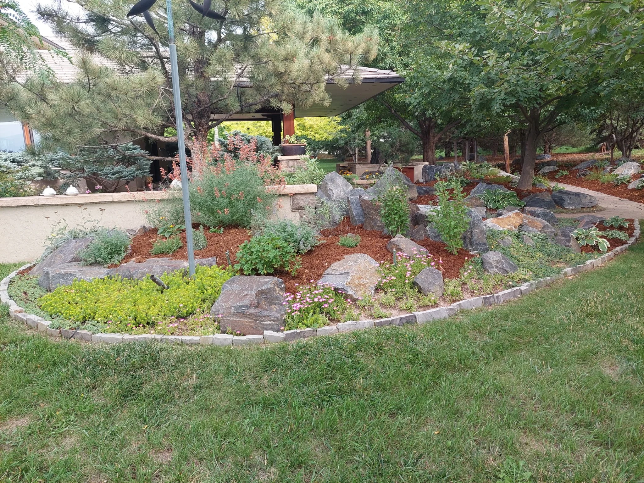 A well-maintained garden with various plants, small flowers, grasses, and rocks, surrounded by a green lawn and trees, with a patio and house visible in the background.