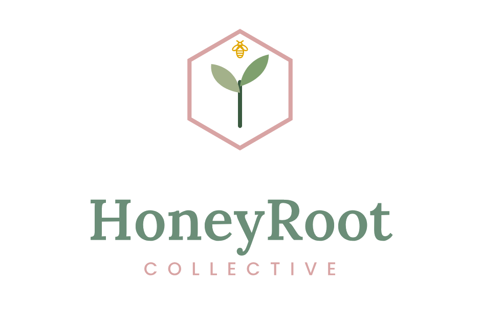 Logo for HoneyRoot Collective featuring a hexagon with a leaf and bee inside, with the text 'HoneyRoot' and 'COLLECTIVE' beneath.