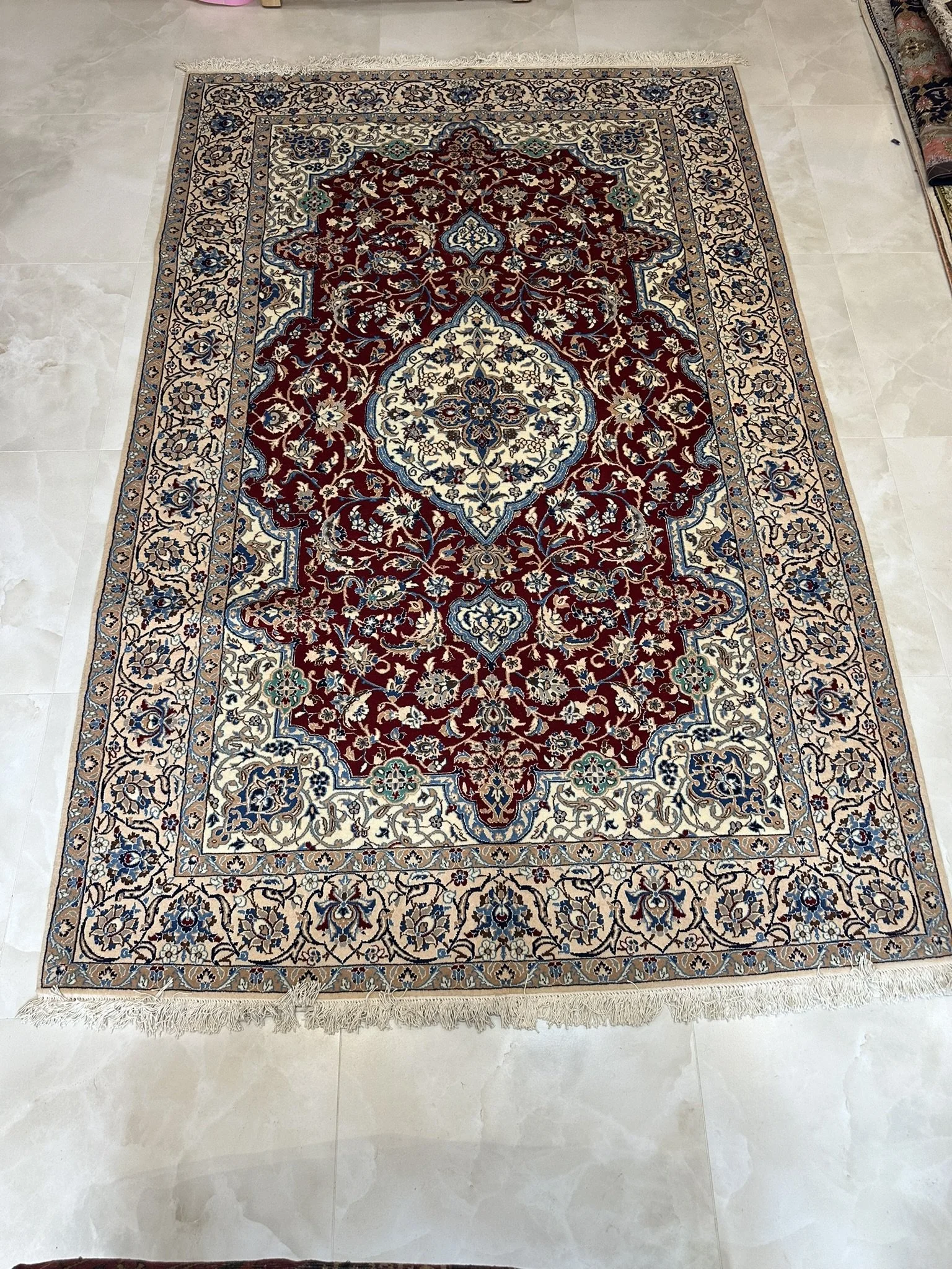 Authentic Nain Persian Rug – Red & Ivory Medallion with Silk Highlights