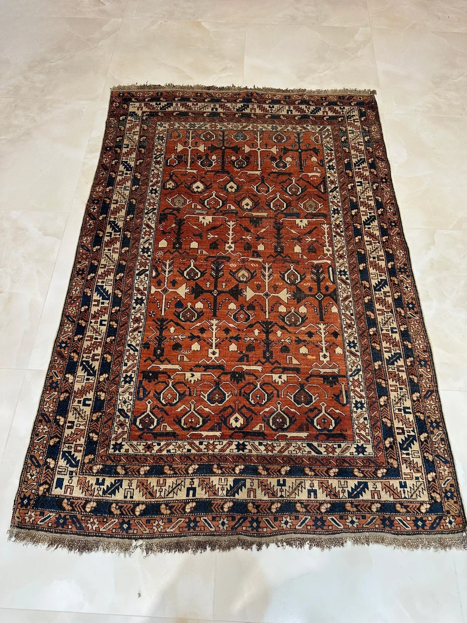 Antique Caucasian Kazak Tribal Wool Rug – Geometric Rust & Indigo