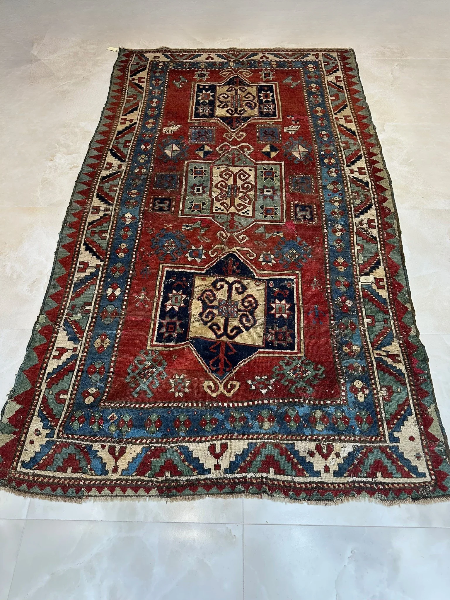 Rare Antique Caucasian Kazak Rug – Triple Medallion Madder Red