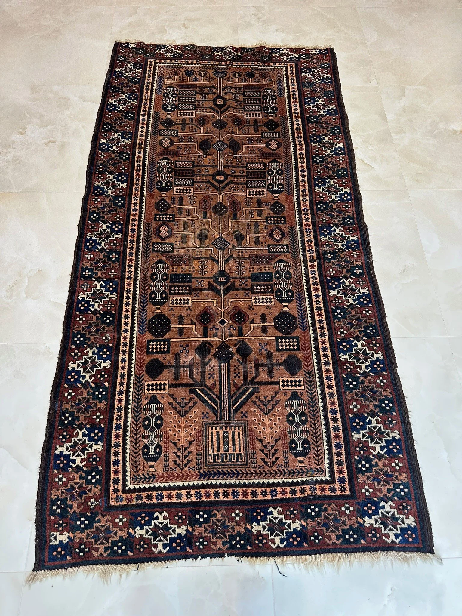 Authentic Baluch "Tree of Life" Tribal Rug – Earthy Chocolate & Indigo