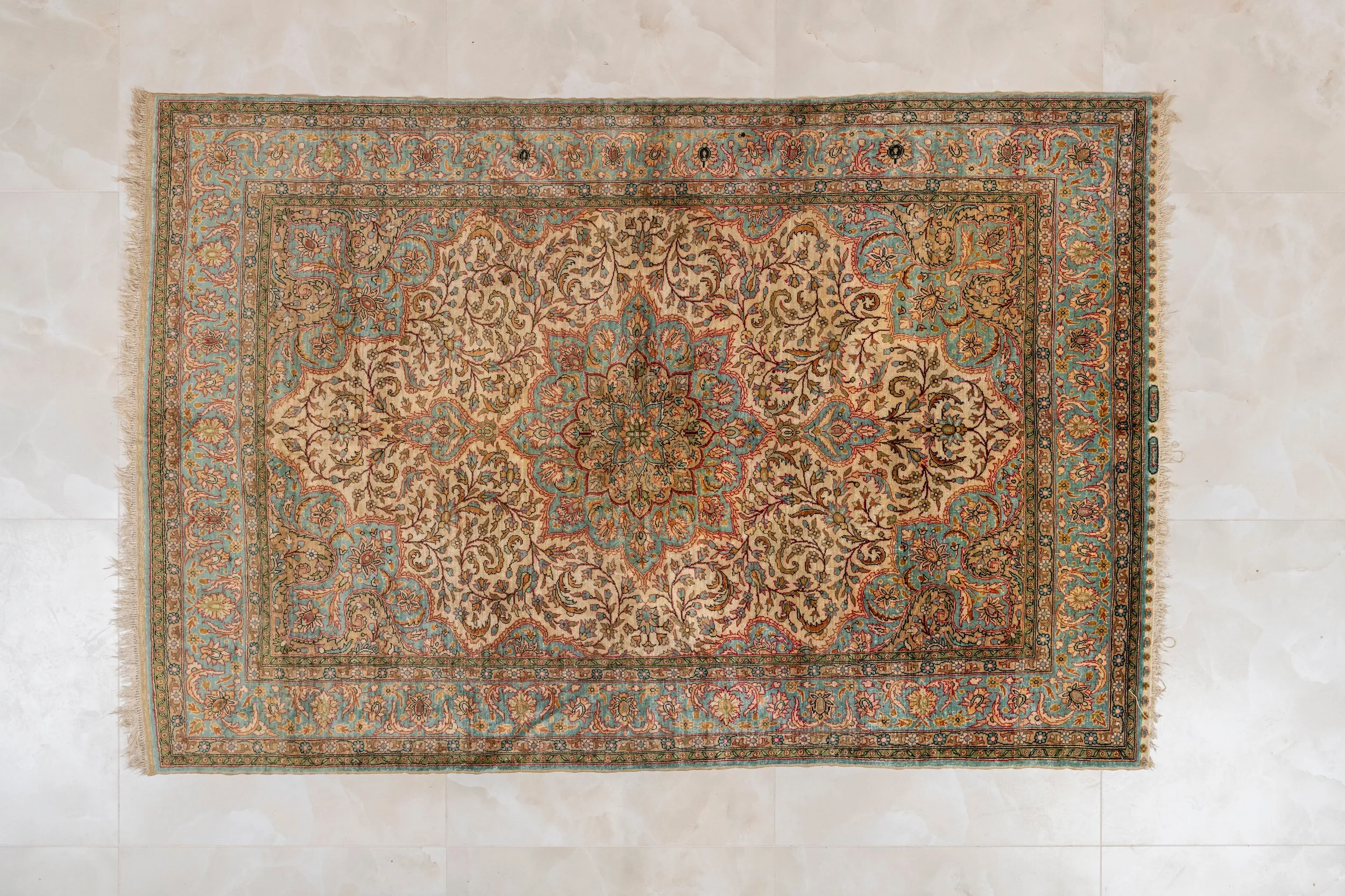 Imperial Hereke Pure Silk "Çınar" Rug – Turquoise & Gold