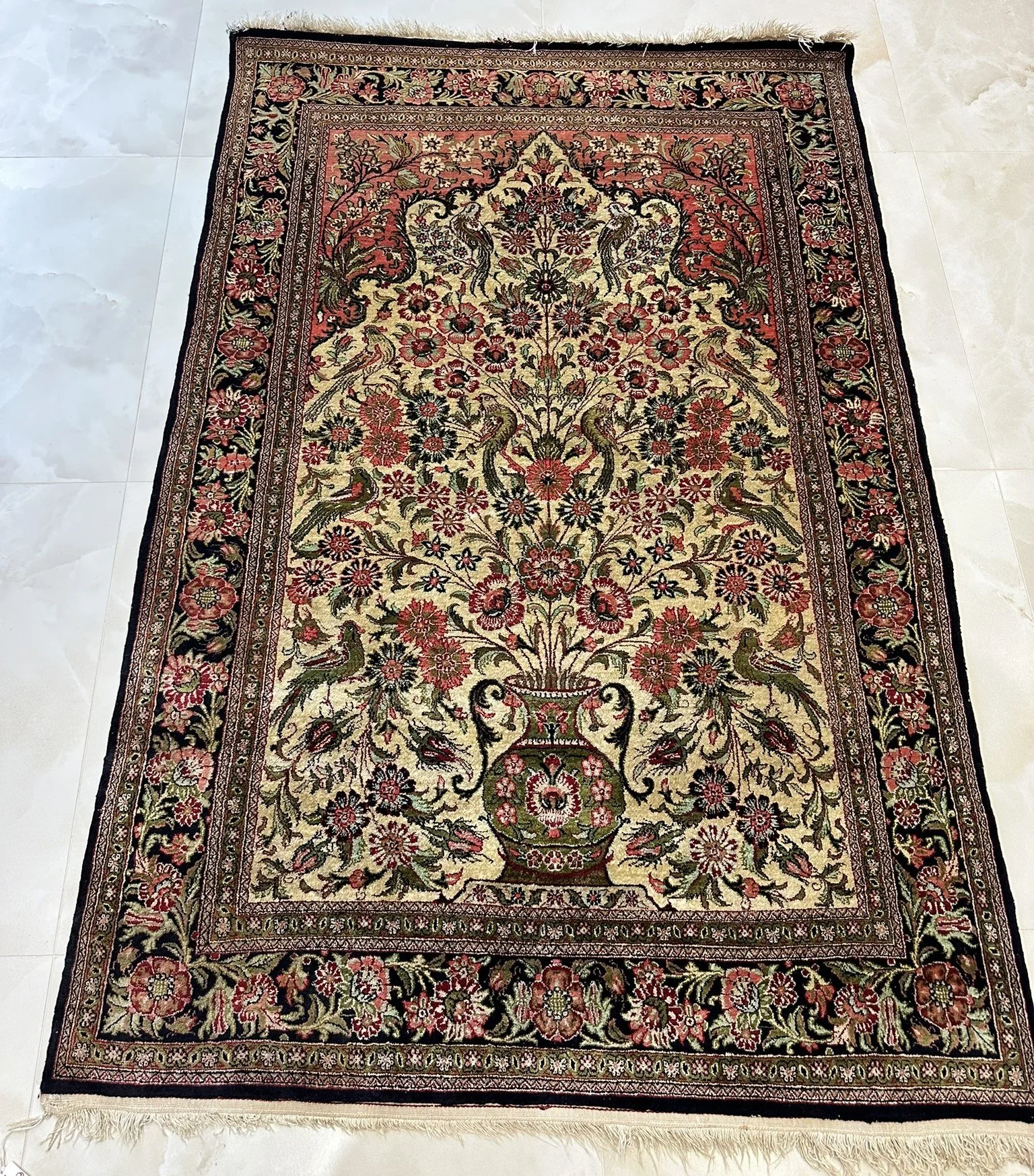 Master-Grade Pure Silk Qom Rug – Vase of Abundance Design