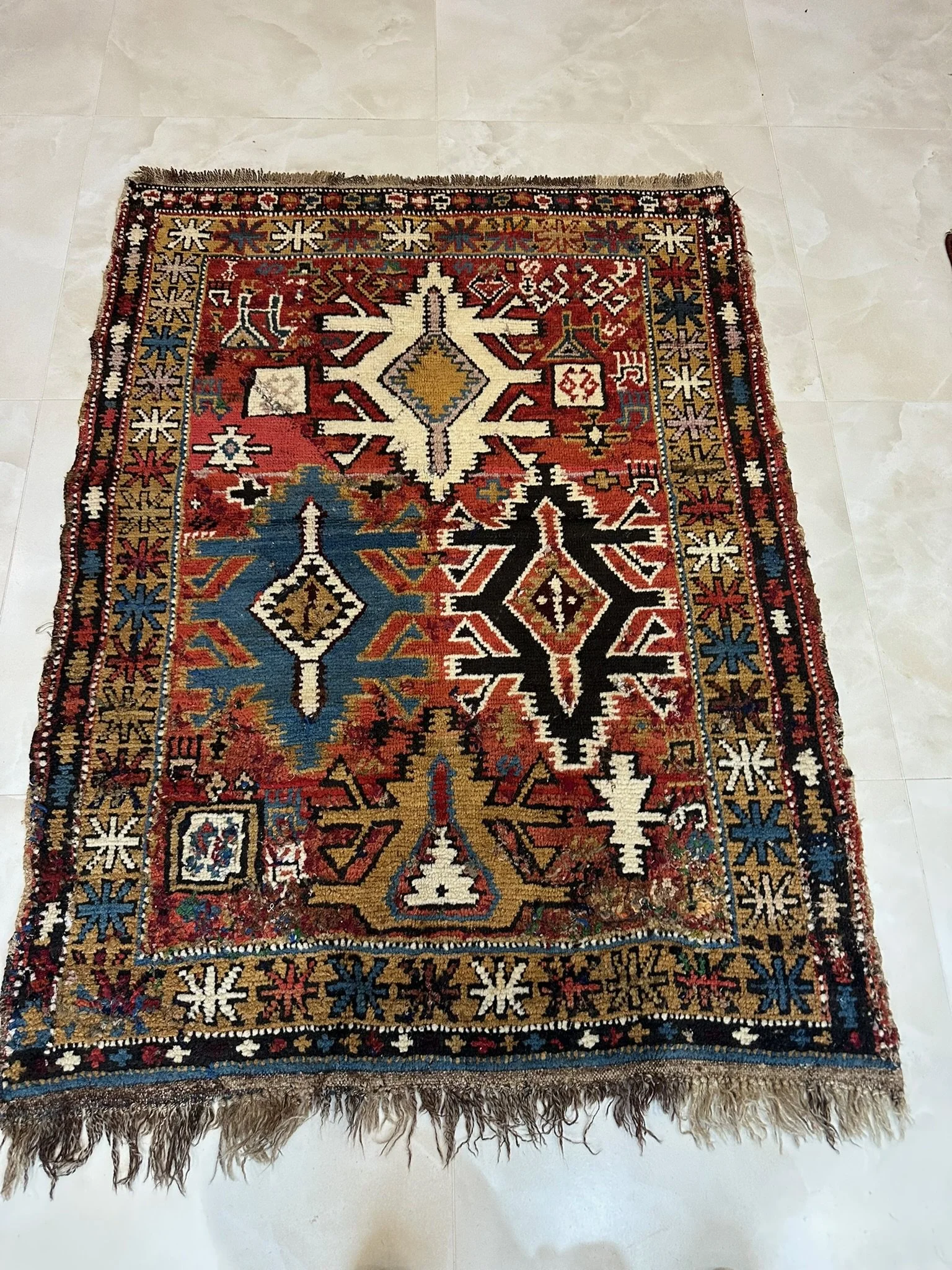 Caucasian Kazak Tribal Wool Rug – Multi-Medallion Geometric Design