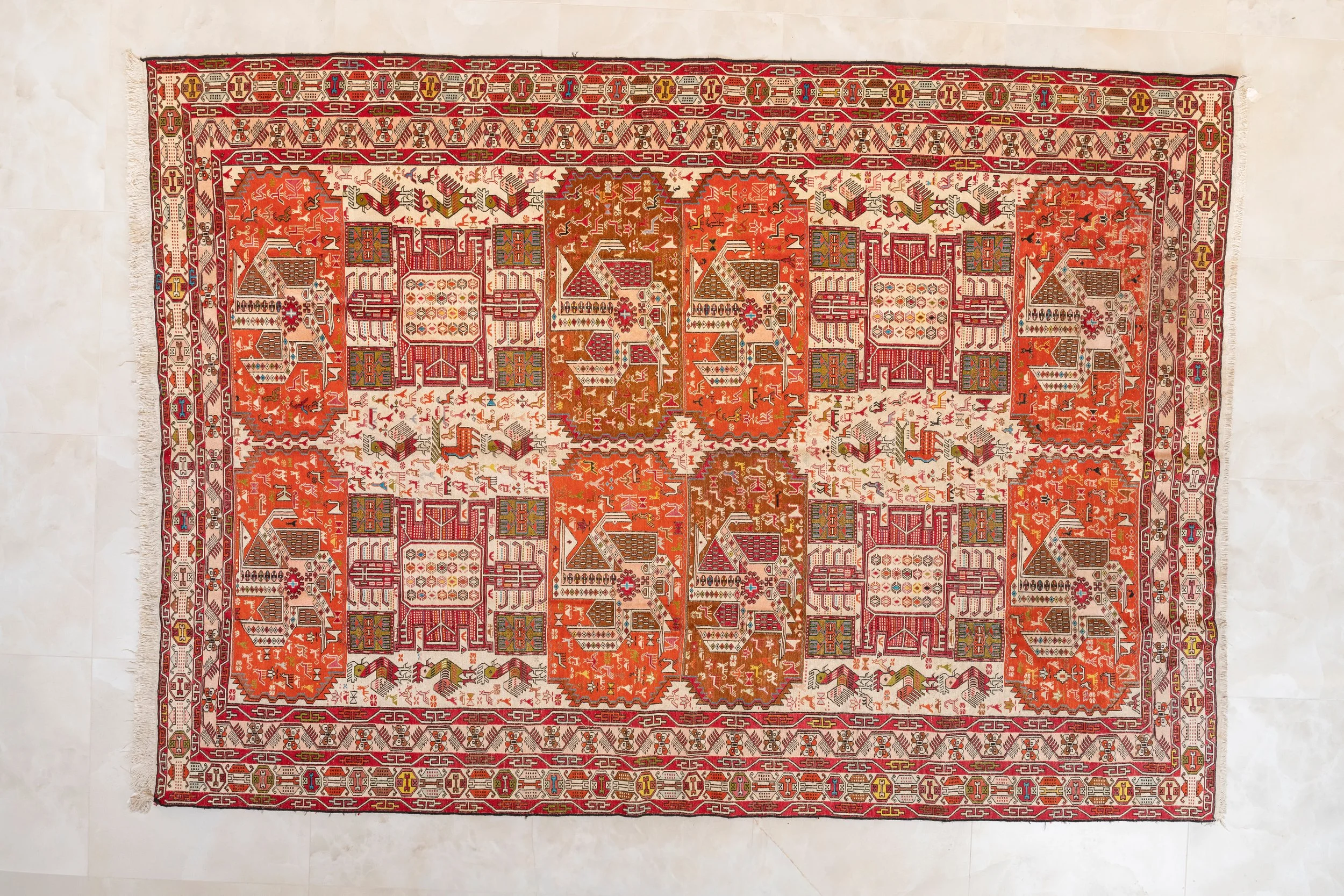 Authentic Silk Azerbaijan Kilim – Geometric Tribal Flatweave