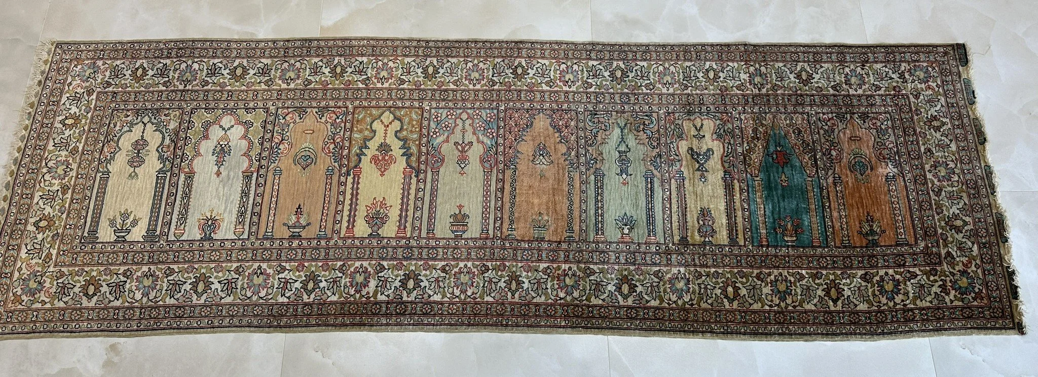 Monumental Turkish Çınar Pure Silk "Saf" Runner – Ten-Niche Arch Design (197x64cm)