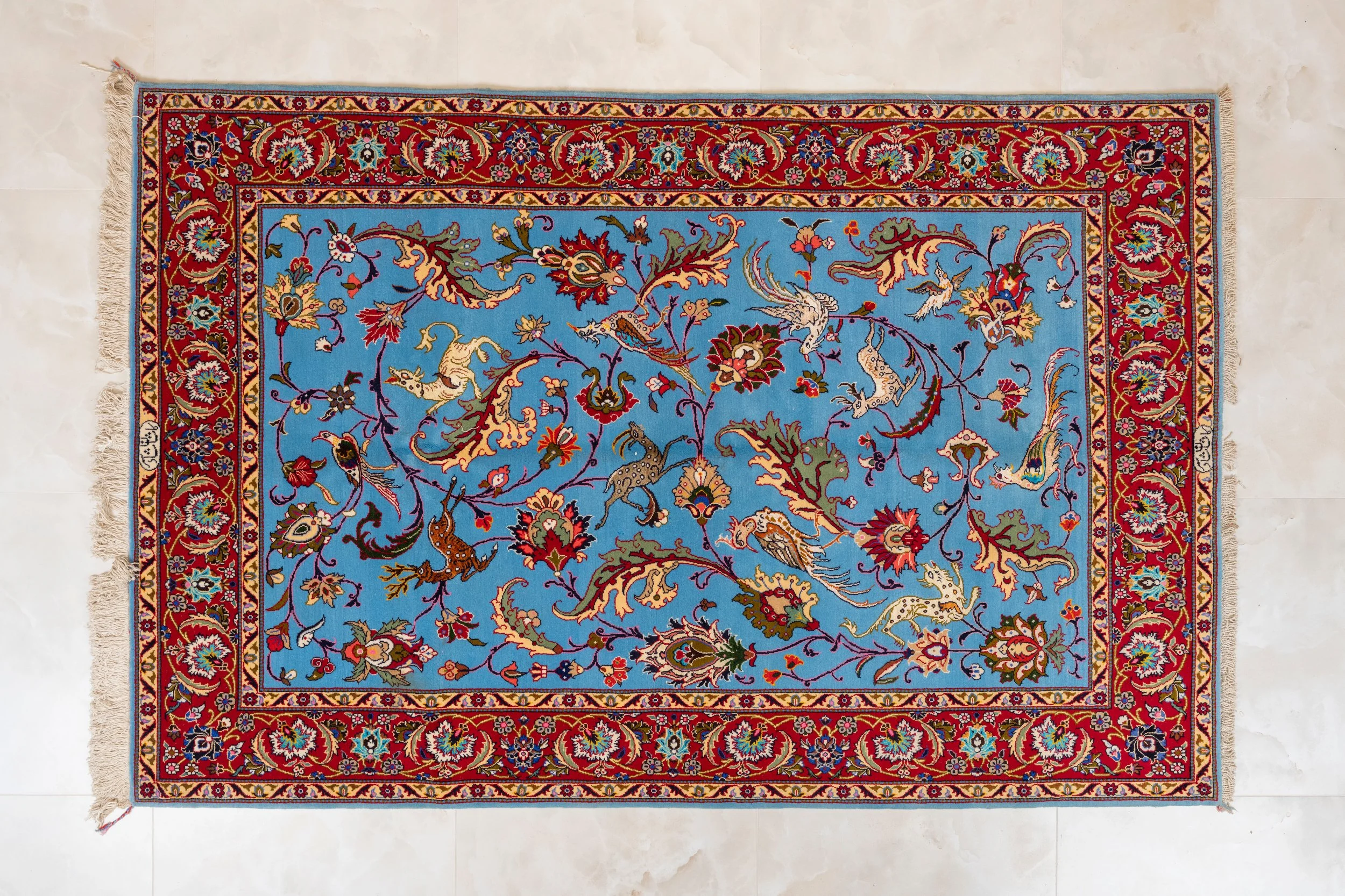 Fine Kashan Pictorial Rug – Azure Blue & Crimson (Pair Available)