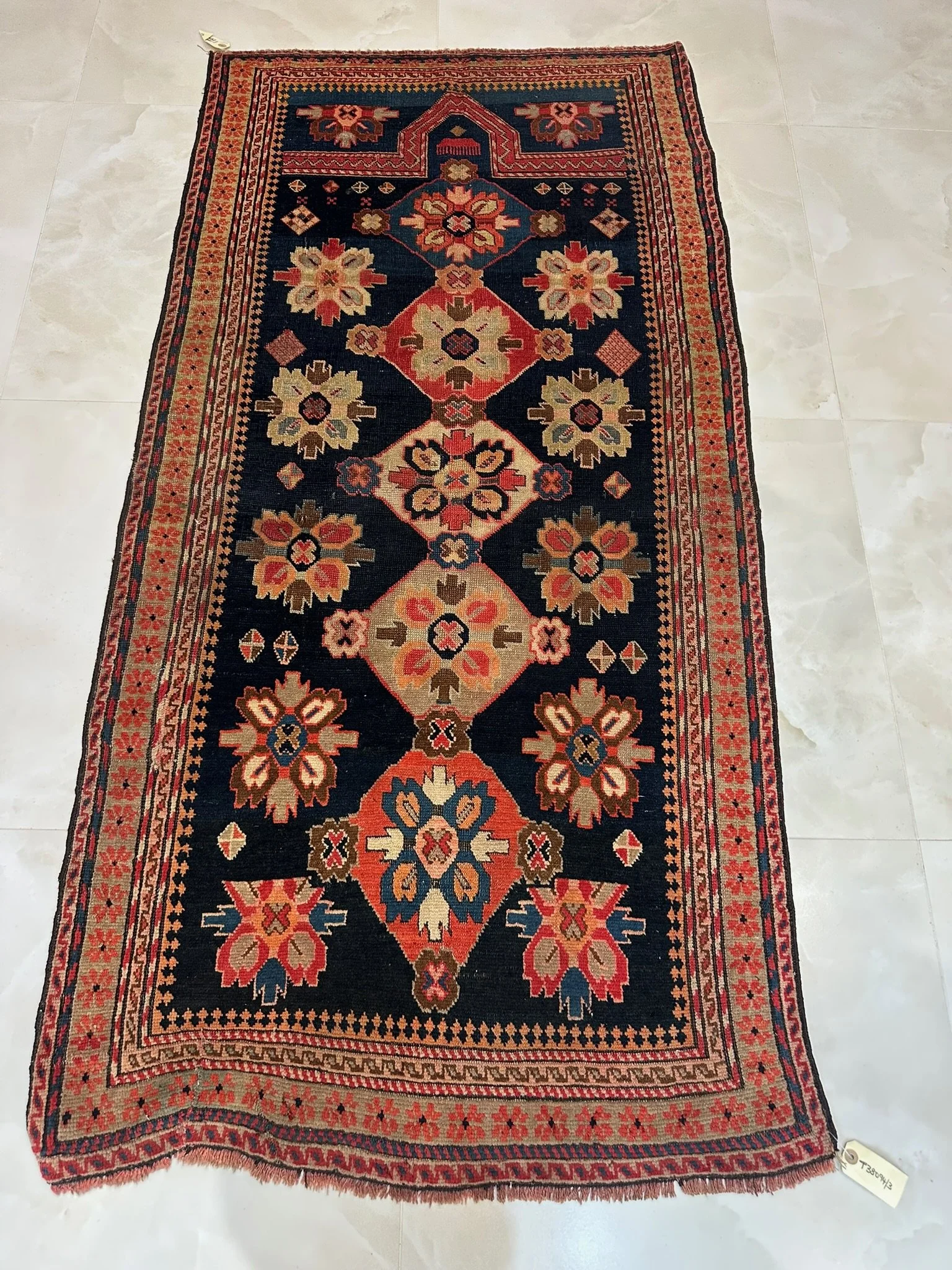 Antique Caucasian Kazak "Mihrab" Rug – Midnight Indigo & Terracotta