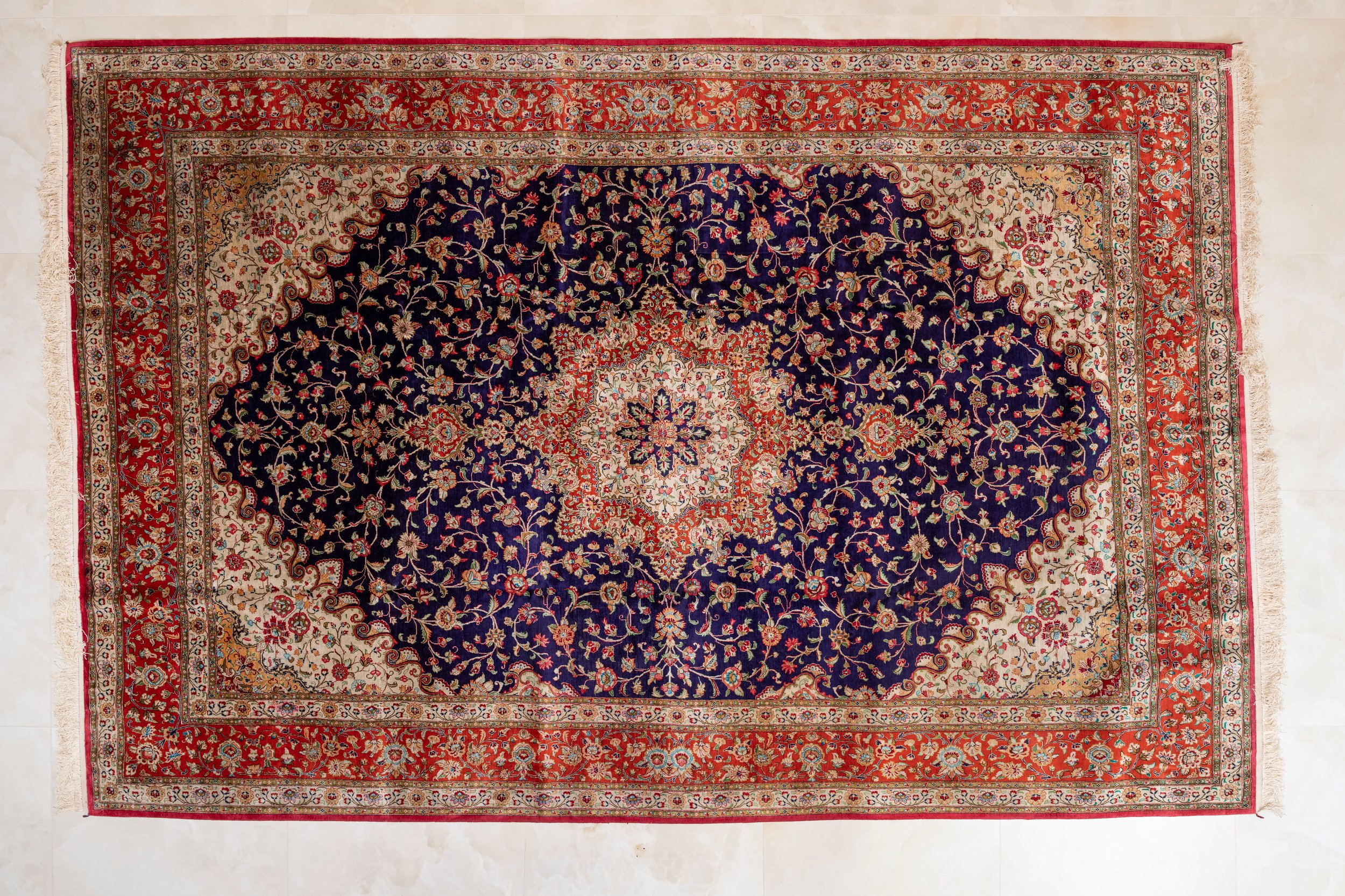 Master-Grade Pure Silk Persian Rug – Midnight Navy & Crimson