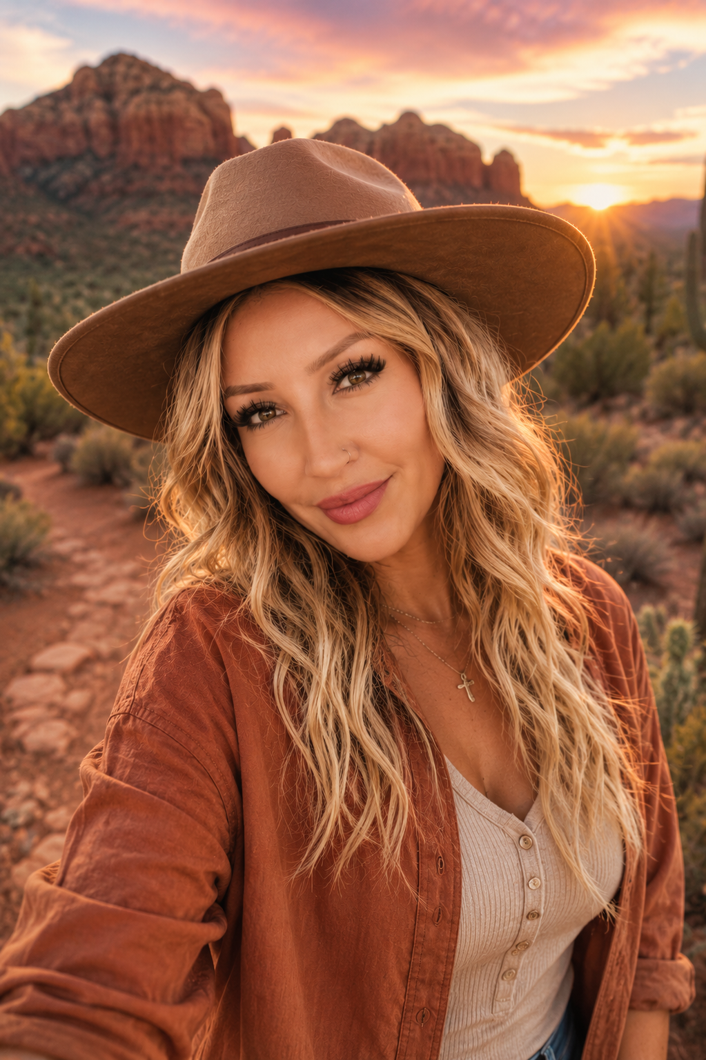 A woman with blonde curly hair wearing a wide-brimmed hat, a brown jacket, and a light-colored top, smiling at the camera with mountains and sunset in the background.