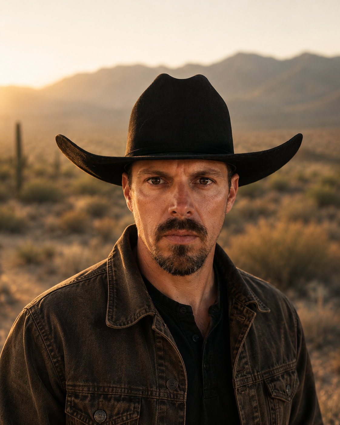 A man wearing a black cowboy hat and a brown denim jacket standing in a desert landscape at sunset, with mountains and cacti in the background.