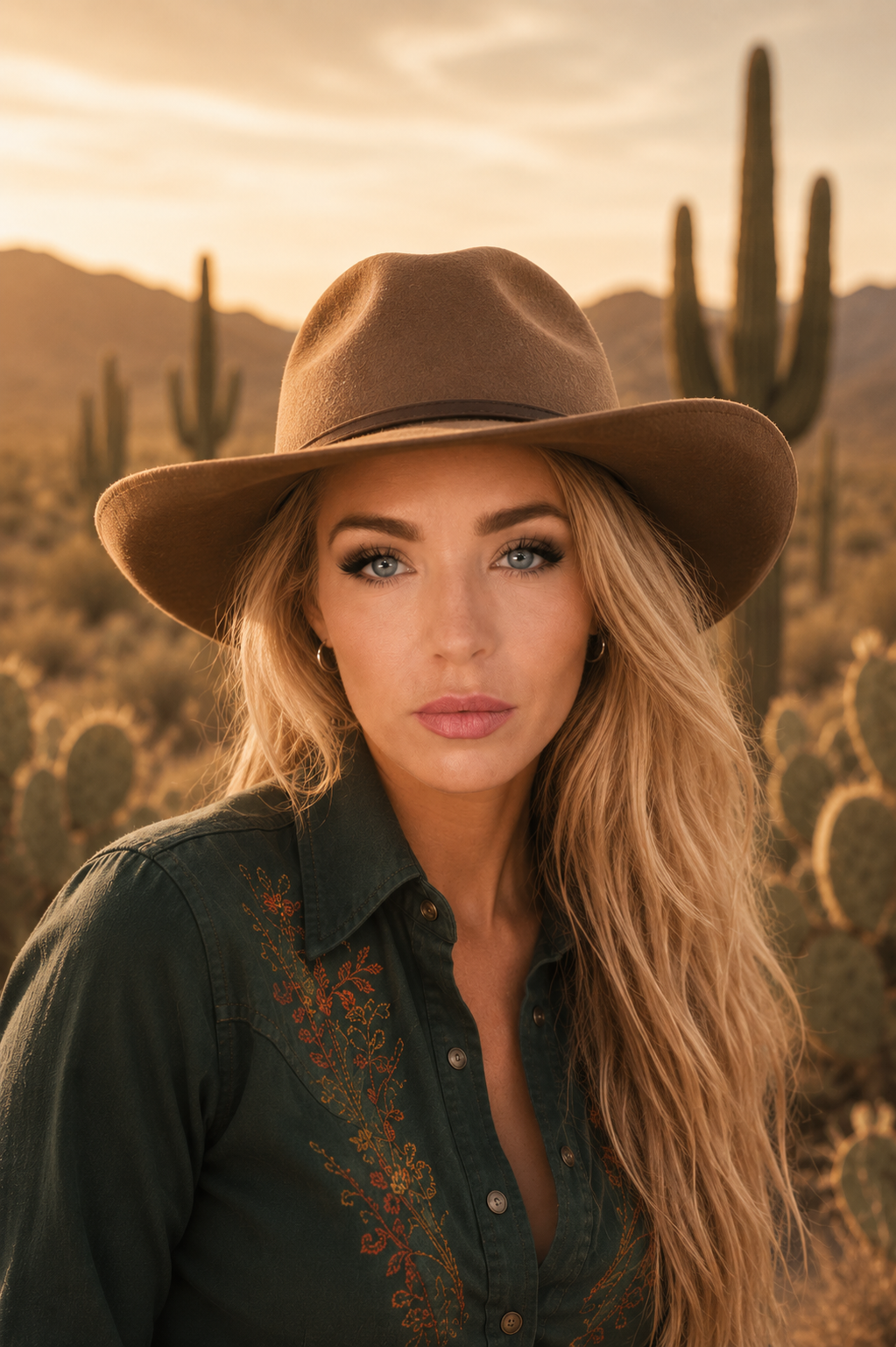 A woman with long blonde hair, wearing a wide-brimmed brown hat and a dark green embroidered shirt, stands in a desert landscape with cacti and mountains at sunset.