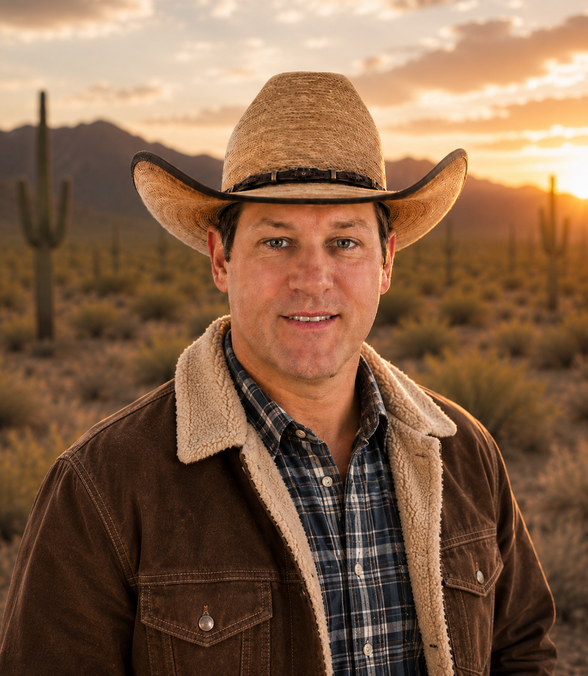 A man wearing a cowboy hat, plaid shirt, and brown jacket standing in a desert landscape during sunset with cacti and mountains in the background.