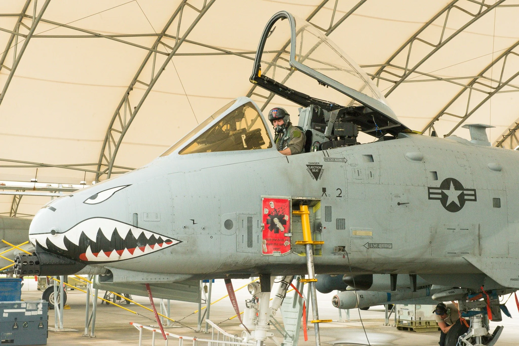 Vanguard 1 Leadership - Jerry Cook  A military fighter jet inside a maintenance hangar with a shark face painted on the nose and an open cockpit canopy. A ground crew member is working underneath the aircraft.