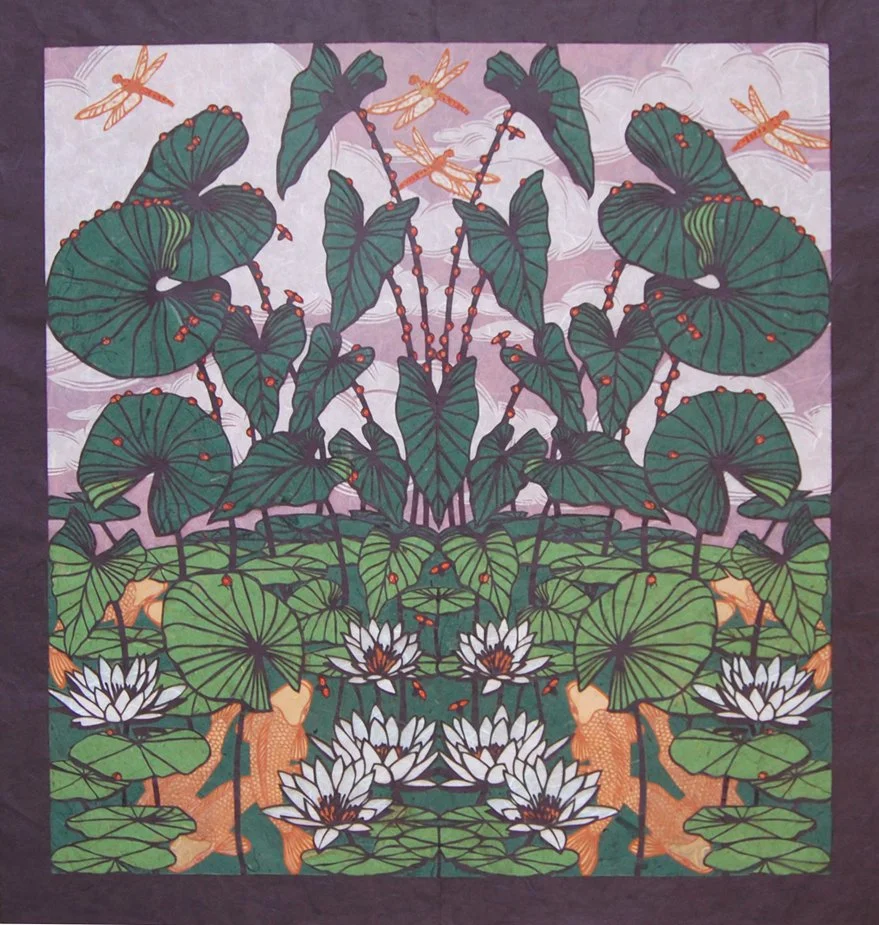 A symmetrical illustration of a lush pond scene with large green lily pads, white water lilies, and orange frogs, with dragonflies flying above.