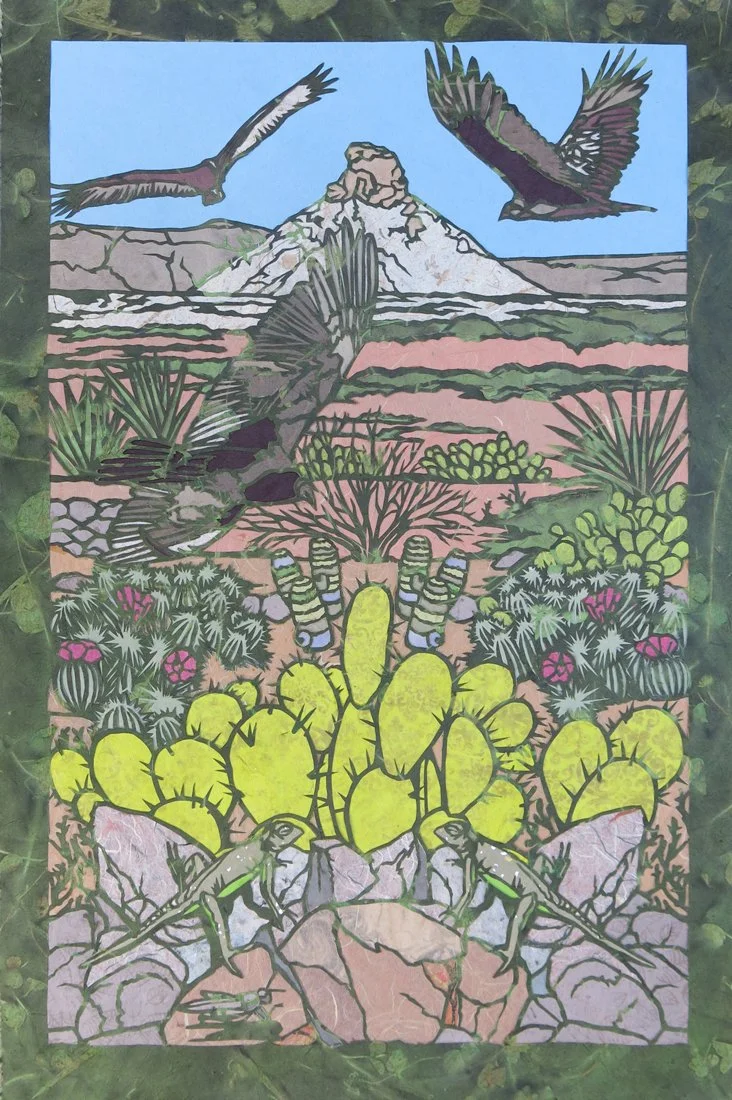 Illustration of a desert landscape with cacti, rocks, and plants in the foreground, two lizards on rocks, a mountain in the background, and two birds flying overhead.