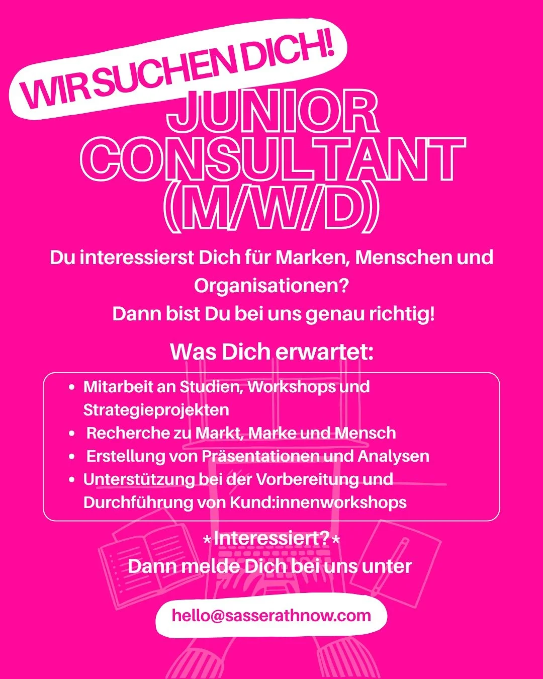 ⭐️ WE ARE HIRING NOW ⭐️
&nbsp;
Wir wachsen und suchen Verst&auml;rkung f&uuml;r unser Team.&nbsp;
Aktuell haben wir gleich drei offene Stellen &ndash; vielleicht ist genau die richtige f&uuml;r Dich dabei.
&nbsp;
Wir suchen:
✨ Praktikant:in im Consul