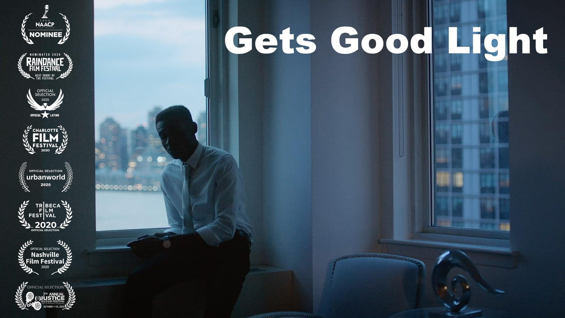 A man sitting on a window sill looking at his phone with a city skyline outside the window and a large sculpture of a fish on a table in the room. Text overlay says 'Gets Good Light' and several film festival laurels are visible on the left side. 
