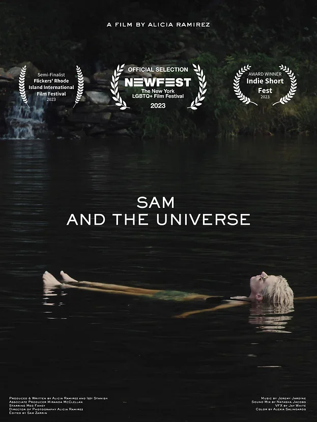 Film poster for "Sam and the Universe" showing a person floating on water with their head tilted back, surrounded by a natural landscape; includes festival awards and laurels.