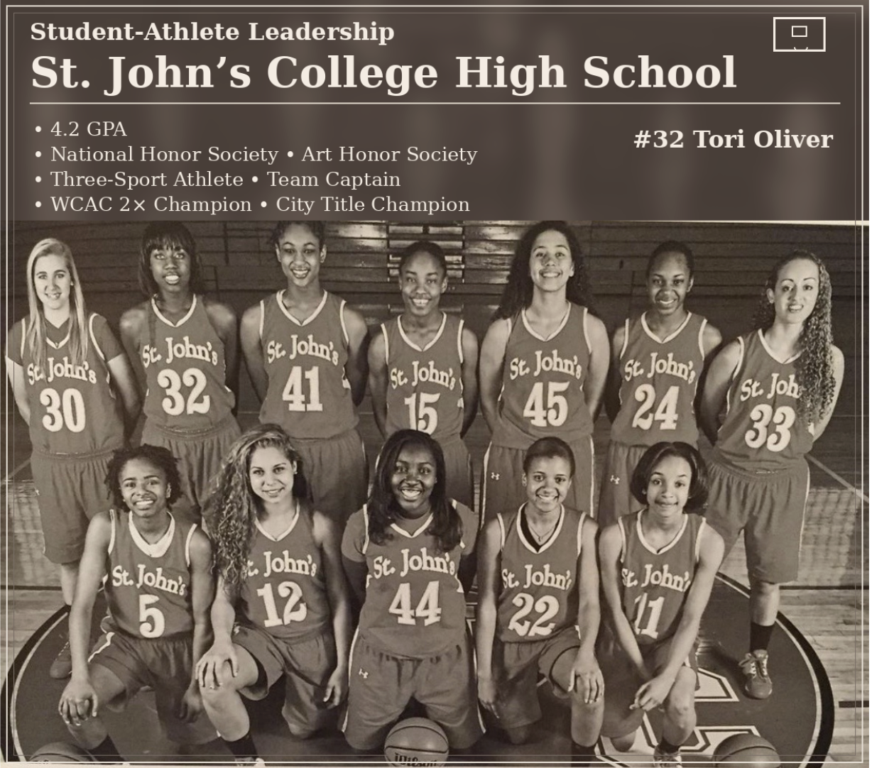 A black-and-white group photo of a girls' basketball team from St. John's College High School. The team consists of 11 players in basketball uniforms, arranged in two rows inside a gymnasium. The top row has seven standing players, and the bottom row has four kneeling players. Text in the top left corner highlights their achievements and a specific player, Tori Oliver, with her jersey number 32.