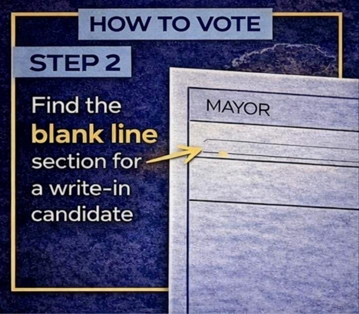 Instructions on how to vote, highlighting step 2: find the blank line section for a write-in candidate, with a sample sheet showing the mayor candidate and a blank line.